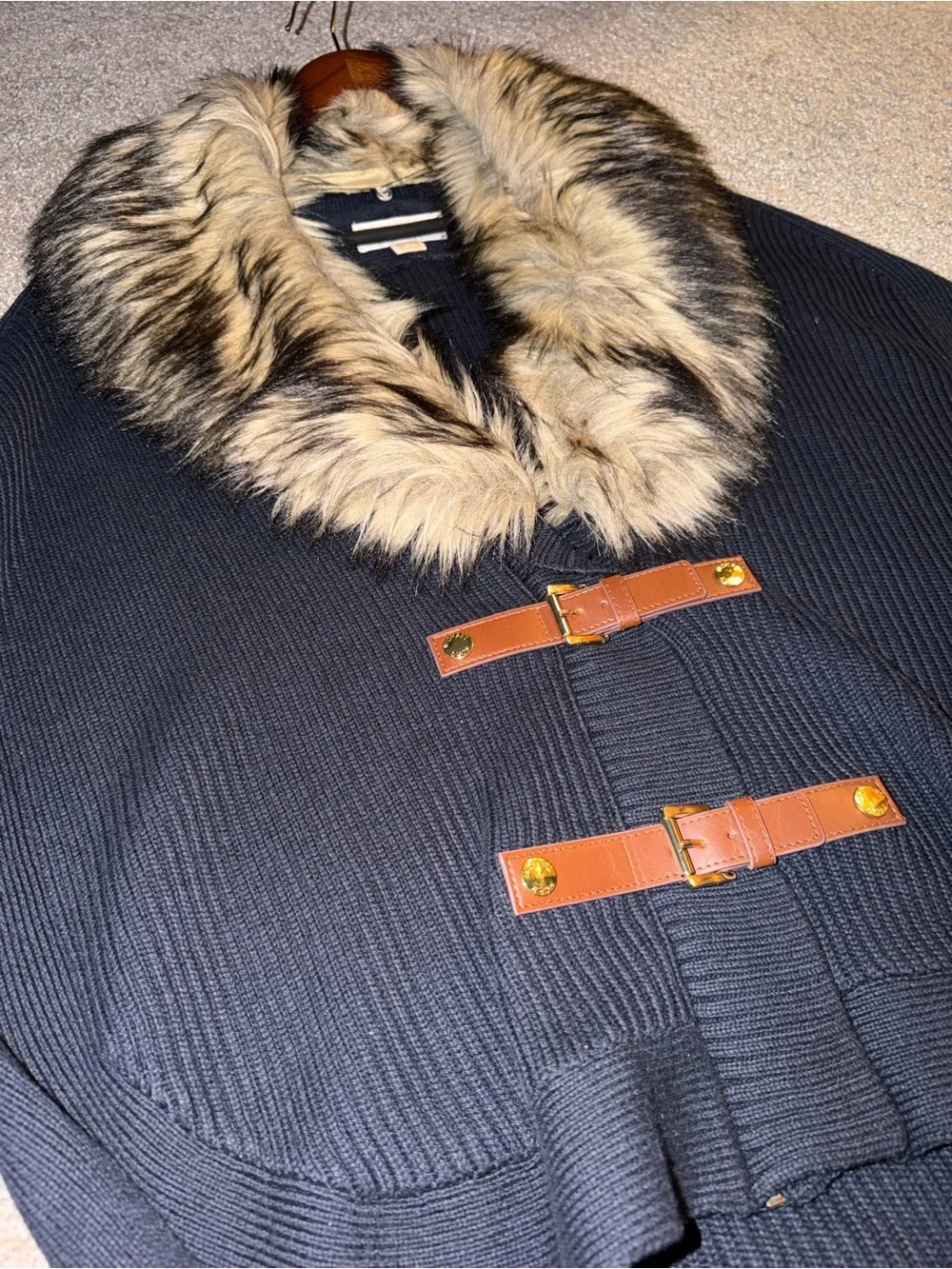 Michael Kors Black Cardigan with Faux Fur Collar and Leather Strap Details